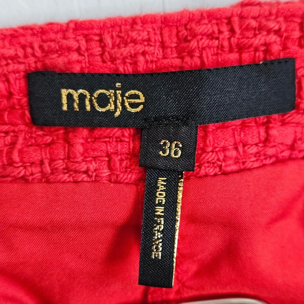 Maje Tweed Ruffled Pleated Asymmetrical Red Micro Mini Skort Skirt US S EU 36